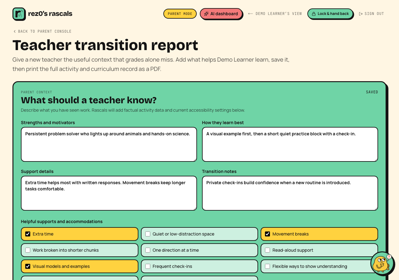 Teacher transition report